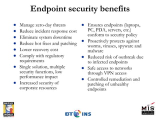 Endpoint security benefits Manage zero-day threats Reduce incident response cost Eliminate system downtime Reduce hot fixes and patching Lower recovery cost Comply with regulatory requirements Single solution, multiple security functions, low performance impact Increased security of corporate resources Ensures endpoints (laptops, PC, PDA, servers, etc.) conform to security policy  Proactively protects against worms, viruses, spyware and malware Reduced risk of outbreak due to infected endpoints Safe access to networks through VPN access Controlled remediation and patching of unhealthy endpoints 