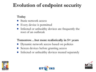 Evolution of endpoint security Today Static network access Every device is permitted Infected or unhealthy devices are frequently the root of an outbreak Tomorrow…but more realistically in 5+ years  Dynamic network access based on policies Screen devices before granting access Infected or unhealthy devices treated separately 