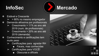InfoSec Mercado 
❖ Estável e Crescente 
➢ > 80% no mesmo empregador 
❖ Demanda altíssima por profissionais 
➢ Crescimento > 11% ao ano até 
2019 (num. de profissionais) 
➢ Crescimento > 20% ao ano até 
2019 (demanda) 
❖ Conhecimento e certificações tem 
muito peso 
➢ Certificações para agradar RH 
■ Fáceis, mas conhecidas 
➢ Certificações para VOCÊ! 
■ Obscuras e difíceis 
 