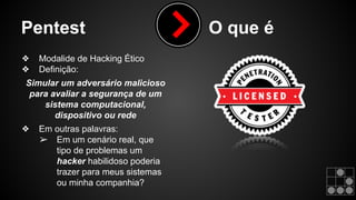 Pentest O que é 
❖ Modalide de Hacking Ético 
❖ Definição: 
Simular um adversário malicioso 
para avaliar a segurança de um 
sistema computacional, 
dispositivo ou rede 
❖ Em outras palavras: 
➢ Em um cenário real, que 
tipo de problemas um 
hacker habilidoso poderia 
trazer para meus sistemas 
ou minha companhia? 
 