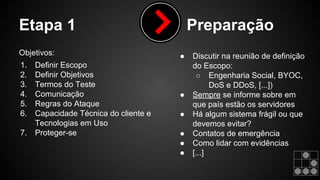 Etapa 1 Preparação 
Objetivos: 
1. Definir Escopo 
2. Definir Objetivos 
3. Termos do Teste 
4. Comunicação 
5. Regras do Ataque 
6. Capacidade Técnica do cliente e 
Tecnologias em Uso 
7. Proteger-se 
● Discutir na reunião de definição 
do Escopo: 
○ Engenharia Social, BYOC, 
DoS e DDoS, [...]) 
● Sempre se informe sobre em 
que país estão os servidores 
● Há algum sistema frágil ou que 
devemos evitar? 
● Contatos de emergência 
● Como lidar com evidências 
● [...] 
 