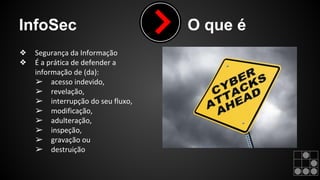 InfoSec O que é 
❖ Segurança da Informação 
❖ É a prática de defender a 
informação de (da): 
➢ acesso indevido, 
➢ revelação, 
➢ interrupção do seu fluxo, 
➢ modificação, 
➢ adulteração, 
➢ inspeção, 
➢ gravação ou 
➢ destruição 
 