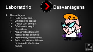Laboratório Desvantagens 
❖ Desvantagens: 
➢ Pode custar caro 
➢ Limitação de espaço 
➢ Gastos com energia 
➢ Difícil de conseguir 
diversidade 
➢ Alta complexidade para 
replicar certos cenários 
➢ Implementação trabalhosa 
➢ Pode criar vulnerabilidades 
na sua rede abertas ao 
mundo 
 