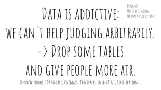 Data is addictive:
we can't help judging arbitrarily.
=> Drop some tables
and give people more air.
Linux/Windows, IDA/Rad...