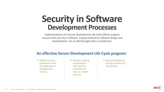 07 www.indusface.com | Indusface, Confidential and Proprietary
Security in Software
Development Processes
An effective Secure Development Life Cycle program:
Implementation of a Secure Development Life Cycle (SDLC) program
ensures that security is inherent in good enterprise software design and
development, not an afterthought later in production.
• Designs security
imperatives from
the beginning of
development
process.
• Sets up checkpoints,
during the build and
test process.
• Releases nothing
to production
until security
standards are
met, as a matter
of policy.
 