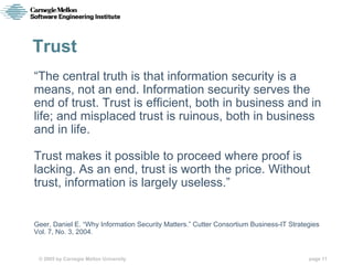 Trust
“The central truth is that information security is a
means, not an end. Information security serves the
end of trust...