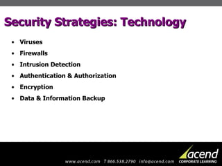 Security Strategies: Technology Viruses Firewalls Intrusion Detection  Authentication & Authorization  Encryption Data & Information Backup 