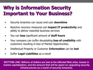 Security breaches can cause end user  downtime Reactive recovery measures can  impact IT productivity  and ability to deliver essential business services You can  lose  significant amount of  staff hours Your company can suffer devastating  loss of credibility  with customers resulting in loss of Market Opportunities Intellectual Property or Customer  Information  can be  lost Suffer  Legal Liabilities  as a result Why is Information Security Important to Your Business? BOTTOM LINE: Billions of dollars are lost at the affected Web sites, losses in market capitalization, and the amount that will be spent on upgrading security infrastructures as a result of security breaches. 