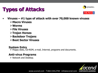 Types of Attacks Viruses – #1 type of attack with over 70,000 known viruses Macro Viruses   Worms   File Viruses  Trojan Horses   Backdoor Trojans   Boot Sector Viruses System Entry Floppy disks, CD-ROM, e-mail, Internet, programs and documents. Anti-virus Programs Network and Desktop . 