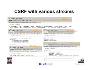 CSRF with various streams
                   JSON



         XML          JS-Script



                          JS-Object
      JS-Array




                              © Blueinfy Solutions Pvt. Ltd.