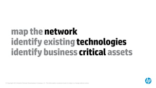 © Copyright 2014 Hewlett-Packard Development Company, L.P. The information contained herein is subject to change without notice.
mapthenetwork
identifyexistingtechnologies
identifybusinesscriticalassets
 
