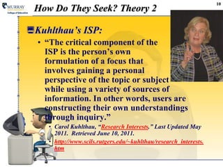 10How Do They Seek? Theory 2Kuhlthau’s ISP:“The critical component of the ISP is the person’s own formulation of a focus that involves gaining a personal perspective of the topic or subject while using a variety of sources of information. In other words, users are constructing their own understandings through inquiry.”Carol Kuhlthau, “Research Interests.” Last Updated May 2011.  Retrieved June 10, 2011.http://www.scils.rutgers.edu/~kuhlthau/research_interests.htm