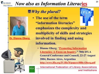 23Now also as Information LiteraciesWhy the plural?The use of the term “information literacies” emphasizes the complexity and multiplicity of skills and strategies involved in finding and using information.Dianne Oberg: “Promoting Information Literacies: A Focus on Inquiry.” 70th IFLA General Conference and Council, 22-27 August 2004, Buenos Aires, Argentinahttp://www.ifla.org/IV/ifla70/papers/088e-Oberg.pdfDr. Dianne Oberg