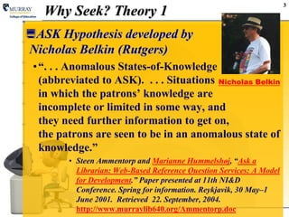 3Why Seek? Theory 1ASK Hypothesis developed by Nicholas Belkin (Rutgers)“. . . Anomalous States-of-Knowledge (abbreviated to ASK).  . . . Situations in which the patrons’ knowledge are incomplete or limited in some way, and they need further information to get on, the patrons are seen to be in an anomalous state of knowledge.”Steen Ammentorp and Marianne Hummelshøj, “Ask a Librarian: Web-Based Reference Question Services: A Model for Development.” Paper presented at 11th NI&D Conference. Spring for information. Reykjavik, 30 May–1 June 2001.  Retrieved  22. September, 2004. http://www.murraylib640.org/Ammentorp.docNicholas Belkin