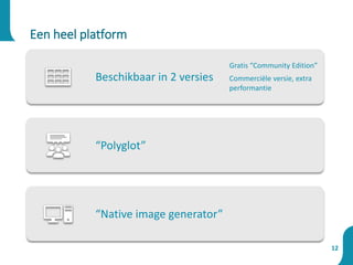 12
Een heel platform
Beschikbaar in 2 versies
Gratis “Community Edition”
Commerciële versie, extra
performantie
“Polyglot”
“Native image generator”
 