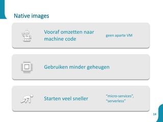 14
Native images
Vooraf omzetten naar
machine code
geen aparte VM
Gebruiken minder geheugen
Starten veel sneller
“micro-services”,
“serverless”
 