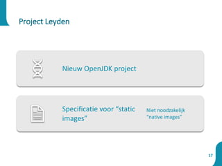 17
Project Leyden
Nieuw OpenJDK project
Specificatie voor “static
images”
Niet noodzakelijk
“native images”
 