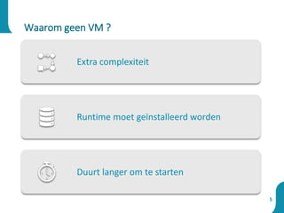 5
Waarom geen VM ?
Extra complexiteit
Runtime moet geïnstalleerd worden
Duurt langer om te starten
 