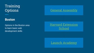 Training
Options
Boston
Options in the Boston area
to learn basic web
development skills
General Assembly
Harvard Extension
School
Launch Academy
 