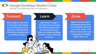 Meet students interested
in developer technologies
at your university. All are
welcome, including those
with diverse backgrounds
and different majors.
Connect
Learn about a range of
technical topics and gain
new skills through hands-
on workshops, events,
talks, and project-building
activities - both online and
in-person.
Apply new learnings to
build great solutions for
local problems. Advance
your skills, career, and
network. Give back to your
community by helping
others learn, too.
Learn Grow
 