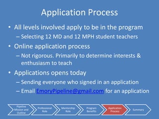 Professional RoleTeach medical, public health, and hard science concepts Stimulate interest in the health care fieldEncourage better consumption of health careEncourage development of organizational and study skills  Foster meaningful and beneficial relationshipsPrepare for college and graduate applications