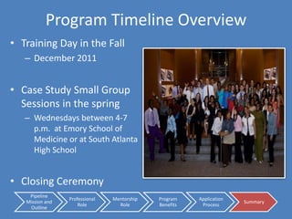 BenefitsPractice teaching and facilitating skillsDevelop Public Health evaluation skills A chance to bring about a positive change in a student’s lifeDevelop a lasting relationships with both undergraduates and high school students Interact with Emory SOM and RSPH faculty – as well as peers beyond RSPHPotential Practicum
