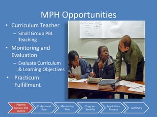 Inspire high school students to achieve to their own intellectual strengths and to aspire to collegeProgram Structure Medical Residents and Faculty Provide support, review cases, provide pre- session lecturesAvailable to advise & mentor medical & MPH students Medical & MPH StudentsFacilitate teaching the case studies  mentor undergraduates Undergraduateswork closely with high school students during group exercises, help them build research & presentation skills