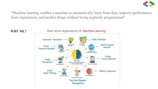 “Machine learning enables a machine to automatically learn from data, improve performance
from experiences, and predict things without being explicitly programmed”
WHY ML?
 
