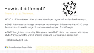 How is it different?
GDSC is different from other student developer organizations in a few key ways:
• GDSC is focused on Google developer technologies. This means that GDSC clubs
have access to a wide range of resources and support from Google.
• GDSC is a global community. This means that GDSC clubs can connect with other
clubs from around the world, sharing ideas and learning from each other.
• GDSC is student-led.
There’s a difference…
 