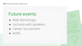 ● Web Workshops
● Lectures with speakers
● Career recruitment
● AI/ML
Future events
 
