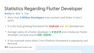 Numbers don’t lie
• More than 2 Million Developers have started used flutter in last 2
years.
• It is the most growing framework for Android and iOS development .
• Average salary of a Flutter developer is $ 93,819 and a freelancer Flutter
developer are paid around $20 - $30/hr.
• It has overtook every other Cross-Platform framework in popularity and
demand.
Statistics Regarding Flutter Developer
 