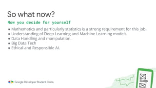 ● Mathematics and particularly statistics is a strong requirement for this job.
● Understanding of Deep Learning and Machine Learning models.
● Data Handling and manipulation.
● Big Data Tech
● Ethical and Responsible AI.
So what now?
Now you decide for yourself
 