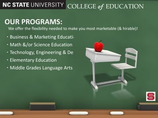 Business & Marketing Education Math &/or Science Education Technology, Engineering & Design  Education Elementary Education Middle Grades Language Arts & Social Studies Education OUR PROGRAMS: We offer the flexibility needed to make you most marketable (& hirable)!  COLLEGE   of   EDUCATION 