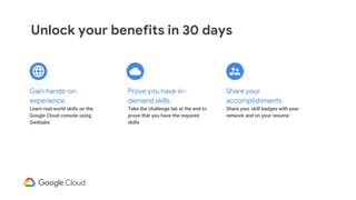 Unlock your benefits in 30 days
Share your
accomplishments
Share your skill badges with your
network and on your resume
Prove you have in-
demand skills
Take the challenge lab at the end to
prove that you have the required
skills
Gain hands-on
experience
Learn real-world skills on the
Google Cloud console using
Qwiklabs
 
