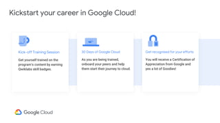 Kickstart your career in Google Cloud!
Get recognised for your efforts
You will receive a Certification of
Appreciation from Google and
yes a lot of Goodies!
30 Days of Google Cloud
As you are being trained,
onboard your peers and help
them start their journey to cloud.
Kick-off Training Session
Get yourself trained on the
program’s content by earning
Qwiklabs skill badges.
 