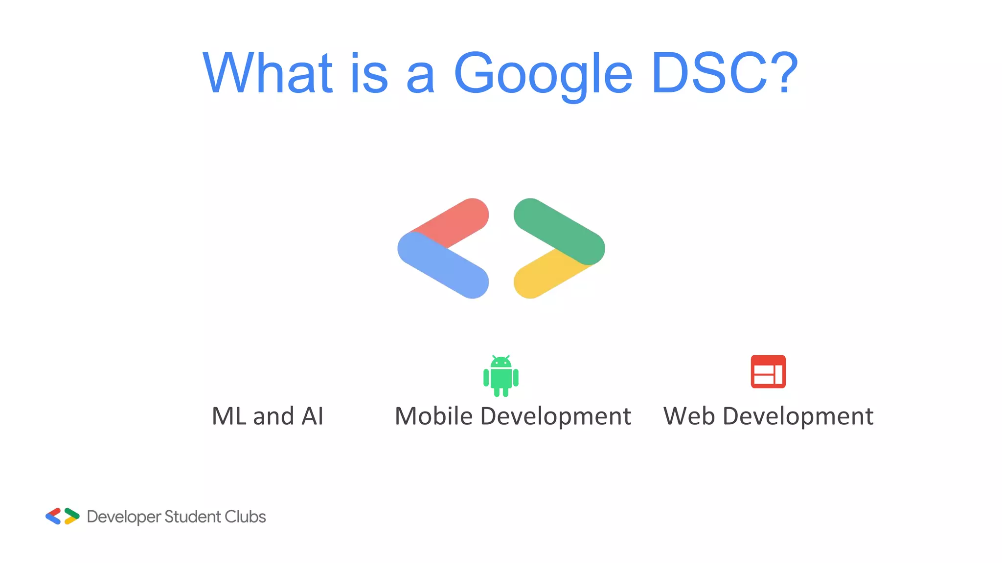 ML and AI
What is a Google DSC?
Web Development
Mobile Development
