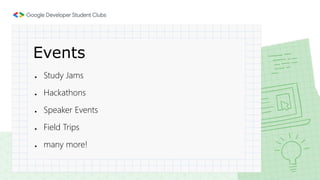 ● Study Jams
● Hackathons
● Speaker Events
● Field Trips
● many more!
Events
 