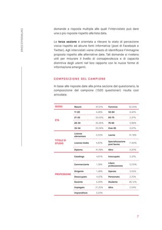 domande a risposta multipla alle quali l’intervistato può dare
una o più risposte rispetto alla lista data.
La terza sezione è orientata a rilevare lo stato di percezione
visiva rispetto ad alcune fonti informative (post di Facebook e
Twitter). Agli intervistati viene chiesto di identiﬁcare l’immagine
proposta rispetto alle alternative date. Tali domande si rivelano
utili per misurare il livello di consapevolezza e di capacità
distintiva degli utenti nel loro rapporto con le nuove forme di
informazione emergenti.
CO M PO SI ZI ONE DEL CA MP I ONE
In base alle risposte date alla prima sezione del questionario, la
composizione del campione (1520 questionari) risulta così
articolata:
SESSO Maschi 47,57% Femmine 52,43%
ETÀ
11-20 4,28% 55-64 8,42%
21-25 33,03% 65-75 2,37%
26-34 30,26% 76-84 0,99%
35-54 20,59% Over 85 0,07%
TITOLO DI
STUDIO
Licenza
elementare
0,53% Laurea 41,18%
Licenza media 4,67%
Specializzazione
post laurea
11,64%
Diploma 41,78% Altro 0,20%
PROFESSIONE
Casalinga 4,61% Inoccupato 2,37%
Commerciante 1,78%
Libero
professionista
12,70%
Dirigente 1,38% Operaio 3,55%
Disoccupato 4,47% Pensionato 2,70%
Docente 3,29% Studente 36,12%
Impiegato 21,25% Altro 2,04%
Imprenditore 3,03%
7
INTRODUZIONE
 