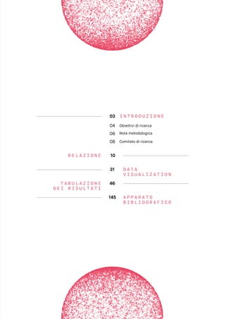 I N T R O D U Z I O N E
R E L A Z I O N E
D A T A
V I S U A L I Z A T I O N
T A B U L A Z I O N E
D E I R I S U L T A T I
A P P A R A T O
B I B L I O G R A F I C O
03
10
31
46
145
 
