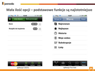 Mała ilośd opcji – podstawowe funkcje są najistotniejsze




      aplikacja Listonic             aplikacja YouTube
 