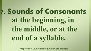 at the beginning, in
the middle, or at the
end of a syllable.
Prepared By: Dr. Rosemarie S. Guirre (FL Trainer)
 