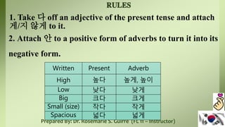 Prepared By: Dr. Rosemarie S. Guirre (FL 11 – Instructor)
1. Take 다 off an adjective of the present tense and attach
게/지 않게 to it.
2. Attach 안 to a positive form of adverbs to turn it into its
negative form.
Written Present Adverb
High 높다 높게, 높이
Low 낮다 낮게
Big 크다 크게
Small (size) 작다 작게
Spacious 넓다 넓게
 