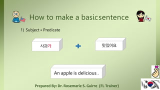 How to make a basicsentence
1) Subject+Predicate
사과가 맛있어요
An apple is delicious .
Prepared By: Dr. Rosemarie S. Guirre (FL Trainer)
 
