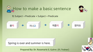 How to make a basic sentence
9) Subject +Predicate +Subject +Predicate
봄이 지나고 여름이 왔어요
Spring is over and summer is here.
Prepared By: Dr. Rosemarie S. Guirre (FL Trainer)
 