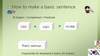 How to make a basic sentence
8) Subject +Complement +Predicate
그것은 사실이 아니에요
That’s nottrue
Prepared By: Dr. Rosemarie S. Guirre (FL Trainer)
 