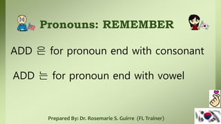 Pronouns: REMEMBER
ADD 은 for pronoun end with consonant
Prepared By: Dr. Rosemarie S. Guirre (FL Trainer)
ADD 는 for pronoun end with vowel
 
