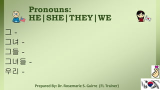 Pronouns:
HE|SHE|THEY|WE
그 -
그녀 -
그들 -
그녀들 -
우리 -
Prepared By: Dr. Rosemarie S. Guirre (FL Trainer)
 