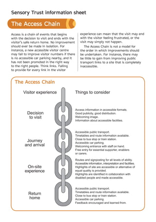 Sensory Trust information sheet

The Access Chain
Access is a chain of events that begins        experience can mean that the visit may end
with the decision to visit and ends with the   with the visitor feeling frustrated, or the
visitor’s safe return home. No improvement     visit may simply not happen.
should ever be made in isolation. For             The Access Chain is not a model for
instance, a new accessible visitor centre      the order in which improvements should
may fail to improve visitor numbers if there   be undertaken. For instance, there may
is no accessible car parking nearby, and it    be little to gain from improving public
has not been promoted in the right way         transport links to a site that is completely
to the right people. Think links. Failing      inaccessible.
to provide for every link in the visitor



  The Access Chain
 