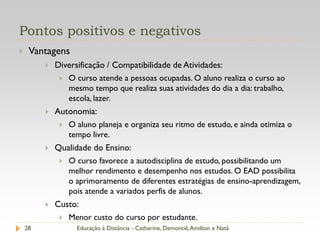 Pontos positivos e negativos
    Vantagens
            Diversificação / Compatibilidade de Atividades:
                 O curso atende a pessoas ocupadas. O aluno realiza o curso ao
                  mesmo tempo que realiza suas atividades do dia a dia: trabalho,
                  escola, lazer.
            Autonomia:
                 O aluno planeja e organiza seu ritmo de estudo, e ainda otimiza o
                  tempo livre.
            Qualidade do Ensino:
                 O curso favorece a autodisciplina de estudo, possibilitando um
                  melhor rendimento e desempenho nos estudos. O EAD possibilita
                  o aprimoramento de diferentes estratégias de ensino-aprendizagem,
                  pois atende a variados perfis de alunos.
            Custo:
                 Menor custo do curso por estudante.
    28              Educação à Distância - Catharine, Demontiê, Amilton e Natã
 